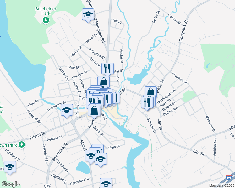 map of restaurants, bars, coffee shops, grocery stores, and more near 85 Elm Street in Amesbury