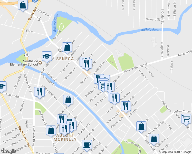 map of restaurants, bars, coffee shops, grocery stores, and more near 10 Seminole Parkway in Buffalo
