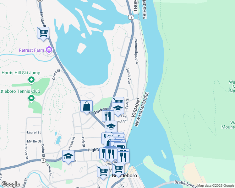 map of restaurants, bars, coffee shops, grocery stores, and more near 125 Putney Road in Brattleboro