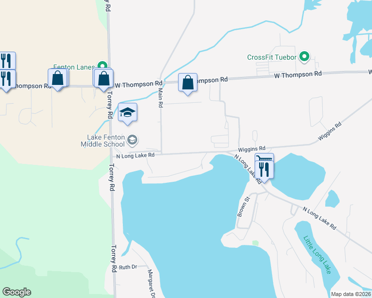 map of restaurants, bars, coffee shops, grocery stores, and more near 2434 North Long Lake Road in Fenton