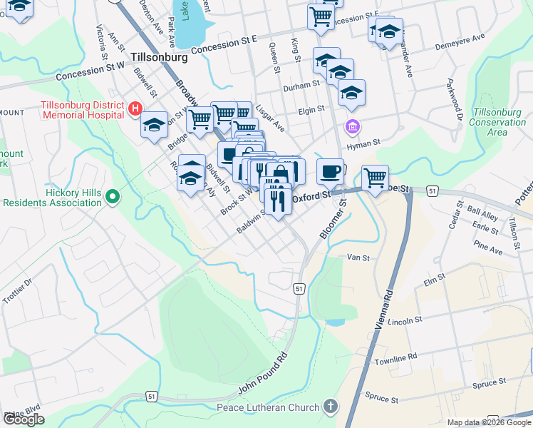 map of restaurants, bars, coffee shops, grocery stores, and more near 19 Baldwin Street in Tillsonburg
