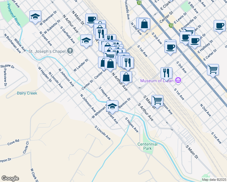 map of restaurants, bars, coffee shops, grocery stores, and more near 308 South Garfield Avenue in Pocatello