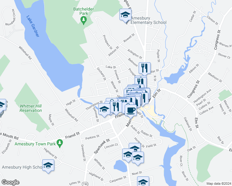 map of restaurants, bars, coffee shops, grocery stores, and more near 12 Winter Street in Amesbury