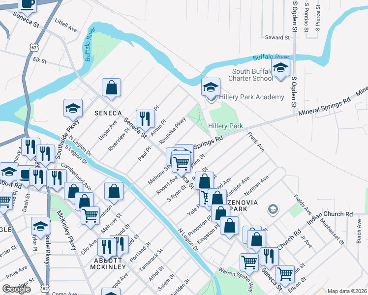 map of restaurants, bars, coffee shops, grocery stores, and more near 55 Seminole Parkway in Buffalo