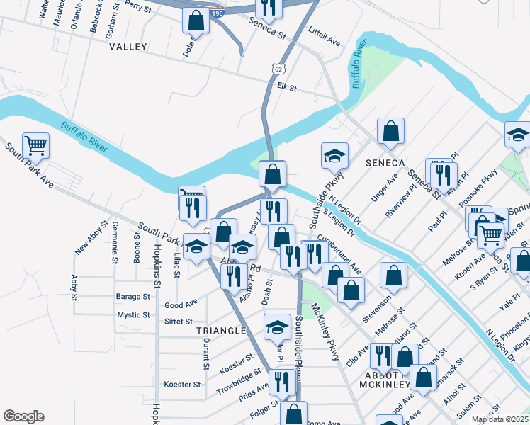 map of restaurants, bars, coffee shops, grocery stores, and more near 1039 McKinley Parkway in Buffalo