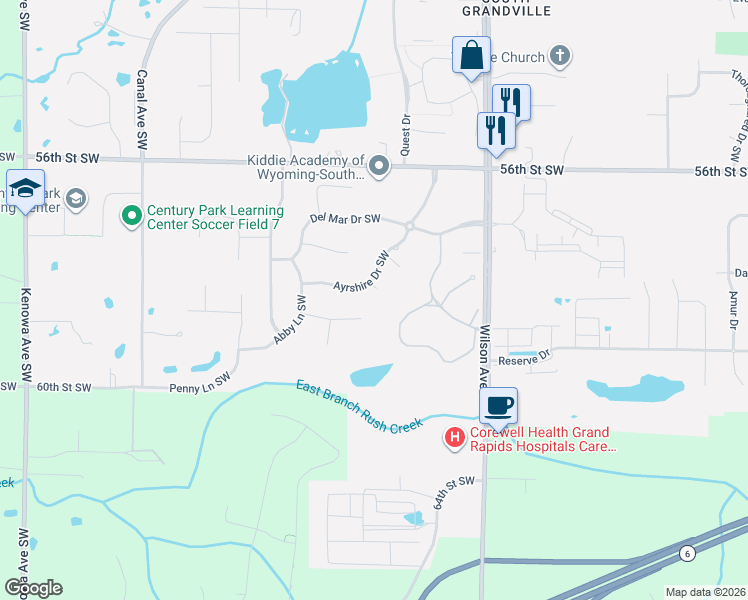 map of restaurants, bars, coffee shops, grocery stores, and more near 5843 Ayrshire Court in Wyoming