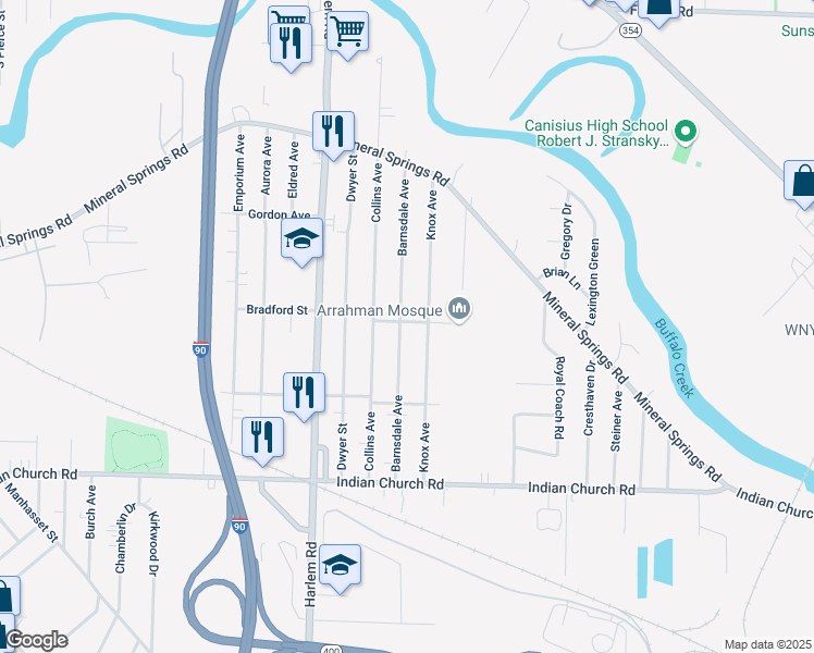 map of restaurants, bars, coffee shops, grocery stores, and more near 159 Barnsdale Avenue in West Seneca