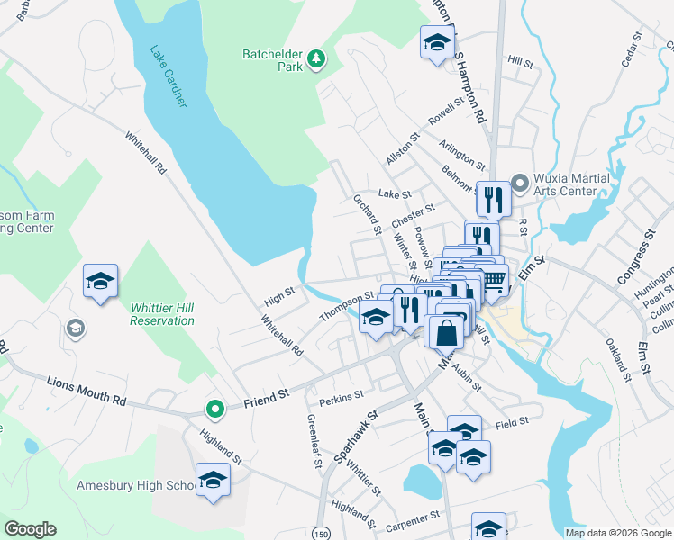 map of restaurants, bars, coffee shops, grocery stores, and more near 18 Woodlawn Street in Amesbury