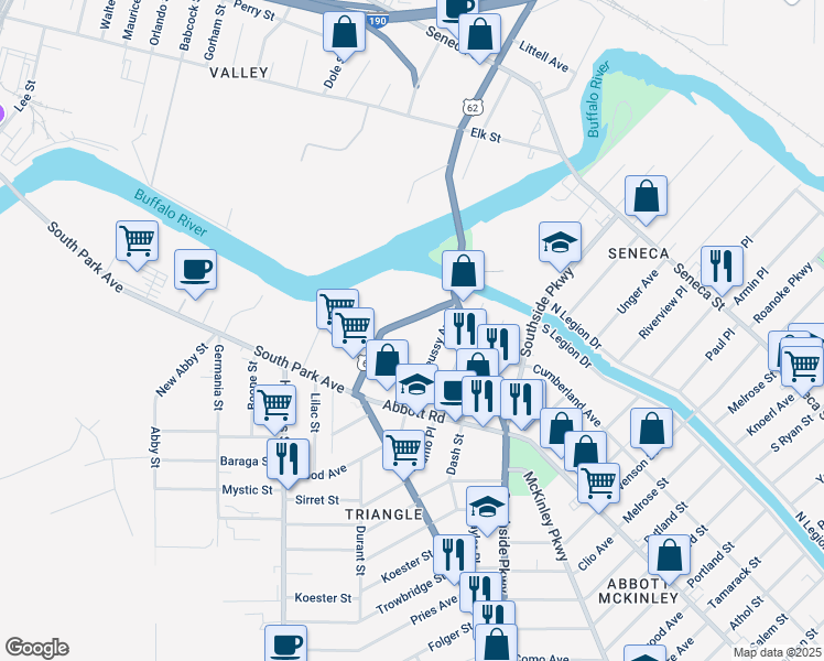 map of restaurants, bars, coffee shops, grocery stores, and more near 105 U.S. 62 in Buffalo