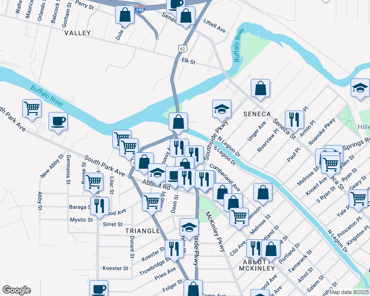 map of restaurants, bars, coffee shops, grocery stores, and more near 1039 McKinley Parkway in Buffalo