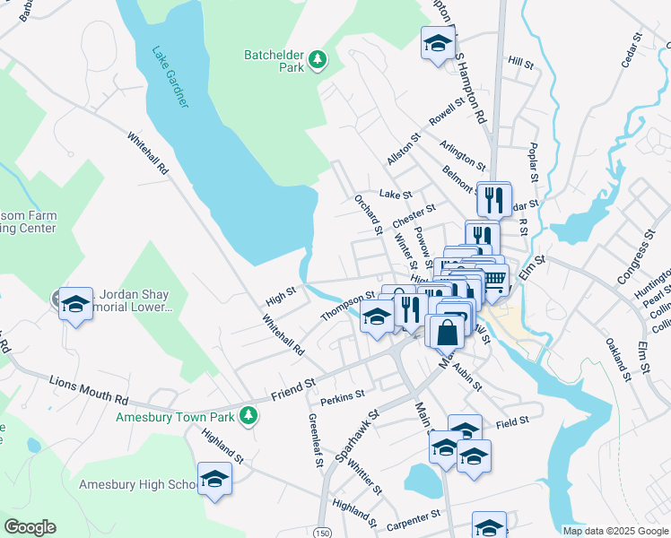 map of restaurants, bars, coffee shops, grocery stores, and more near 81 High Street in Amesbury