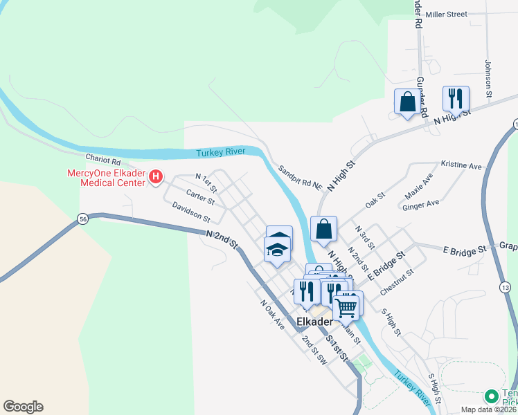 map of restaurants, bars, coffee shops, grocery stores, and more near Spring Street in Elkader
