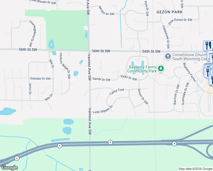 map of restaurants, bars, coffee shops, grocery stores, and more near 3088 Sandy Drive Southwest in Wyoming