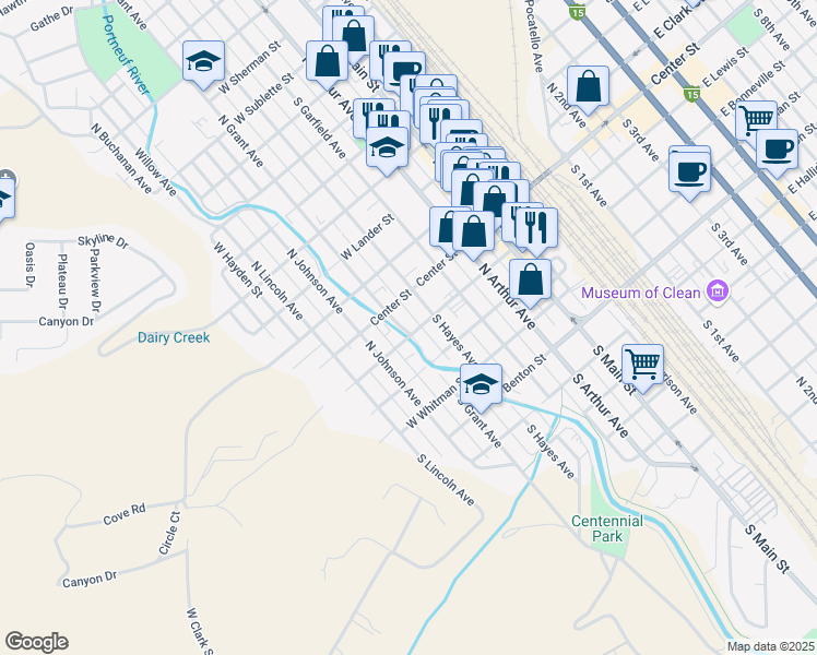 map of restaurants, bars, coffee shops, grocery stores, and more near 676 West Lewis Street in Pocatello