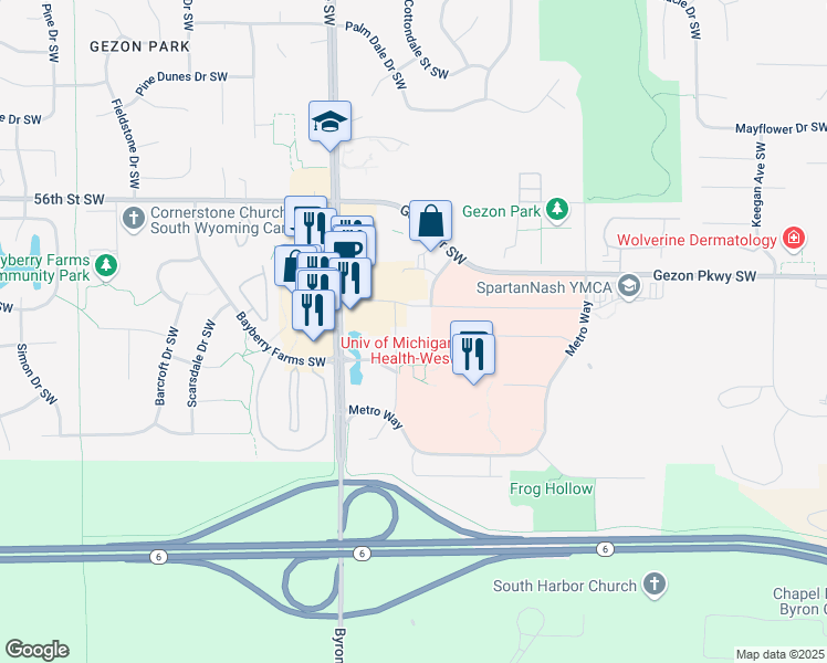 map of restaurants, bars, coffee shops, grocery stores, and more near 5840 Byron Center Avenue Southwest in Wyoming
