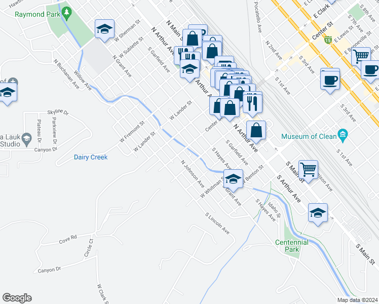 map of restaurants, bars, coffee shops, grocery stores, and more near 110 South Grant Avenue in Pocatello