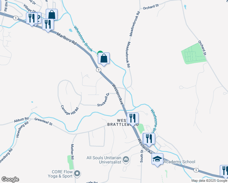 map of restaurants, bars, coffee shops, grocery stores, and more near 1186 Western Avenue in Brattleboro