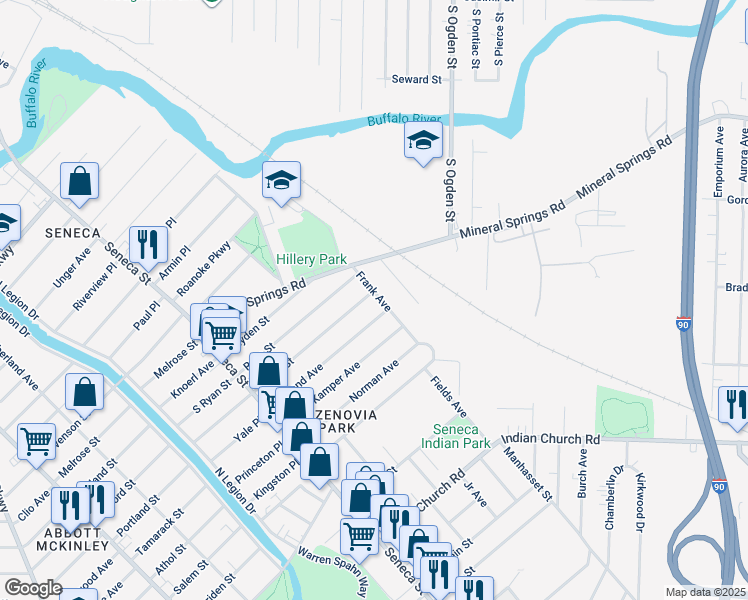 map of restaurants, bars, coffee shops, grocery stores, and more near 32 Frank Avenue in Buffalo