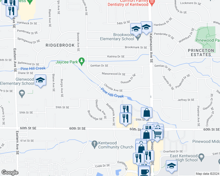 map of restaurants, bars, coffee shops, grocery stores, and more near 5798 Christie Avenue Southeast in Kentwood