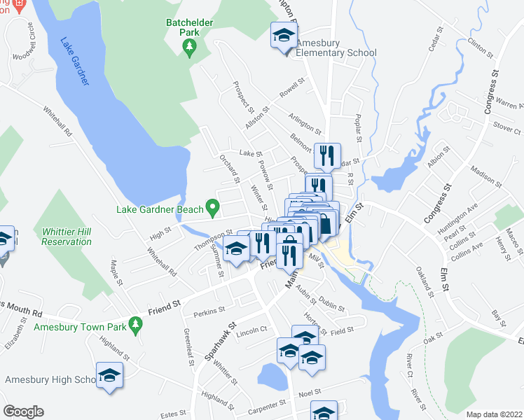 map of restaurants, bars, coffee shops, grocery stores, and more near 2 Winter Street in Amesbury