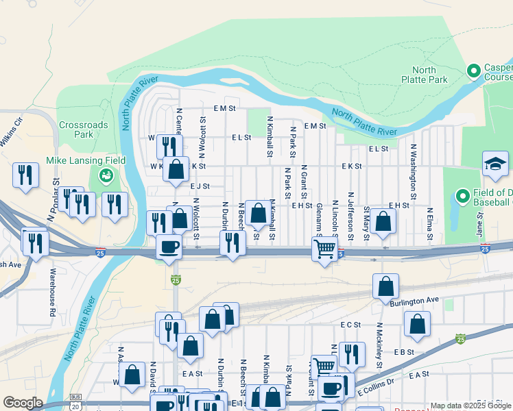map of restaurants, bars, coffee shops, grocery stores, and more near 501 East H Street in Casper