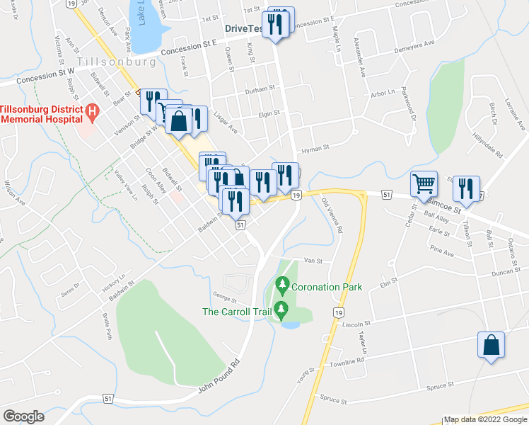 map of restaurants, bars, coffee shops, grocery stores, and more near London Street East in Tillsonburg