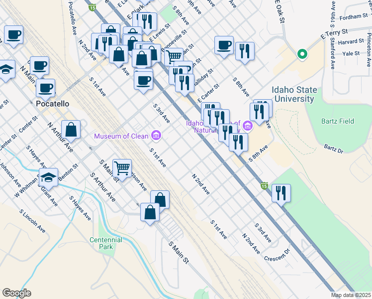 map of restaurants, bars, coffee shops, grocery stores, and more near 855 South 3rd Avenue in Pocatello