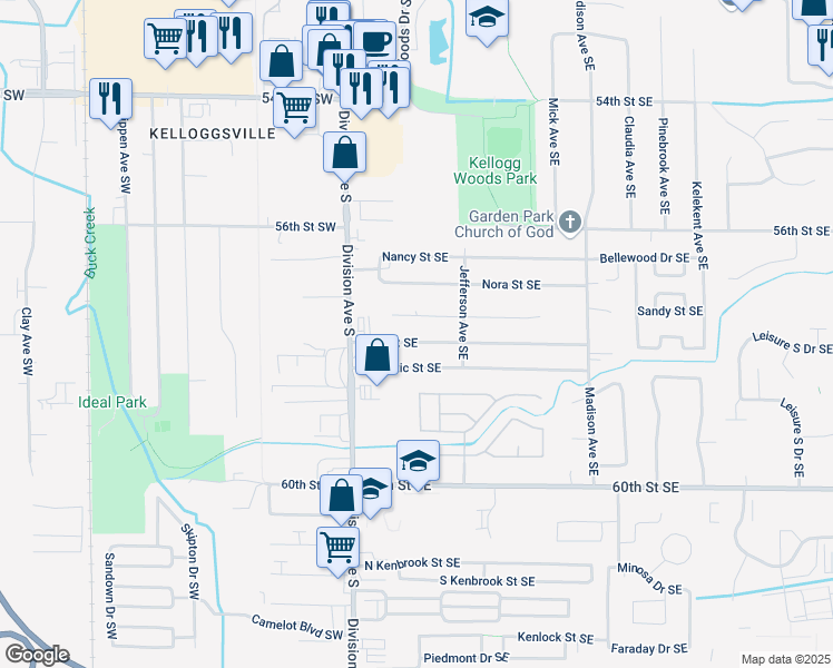 map of restaurants, bars, coffee shops, grocery stores, and more near 52 Regent Street Southeast in Kentwood
