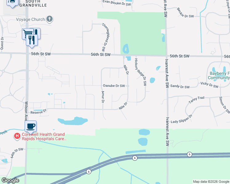 map of restaurants, bars, coffee shops, grocery stores, and more near 3512 Danube Drive Southwest in Wyoming
