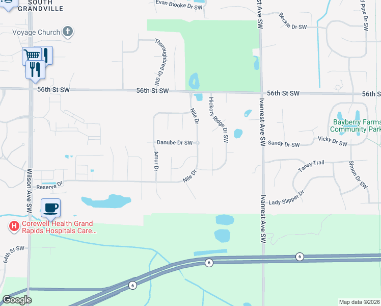map of restaurants, bars, coffee shops, grocery stores, and more near 3452 Danube Drive Southwest in Wyoming