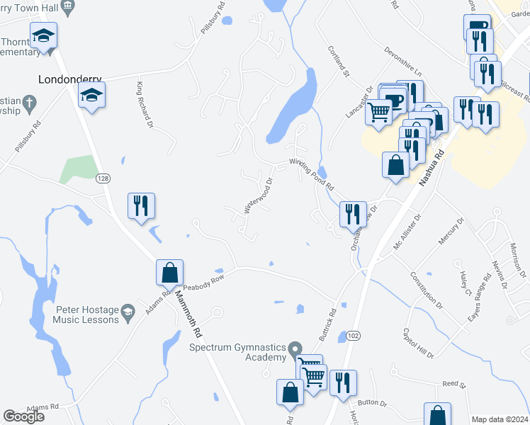 map of restaurants, bars, coffee shops, grocery stores, and more near 34 Winterwood Drive in Londonderry