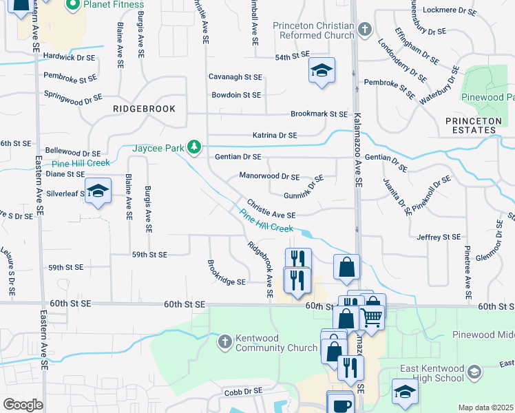 map of restaurants, bars, coffee shops, grocery stores, and more near 5788 Christie Avenue Southeast in Kentwood