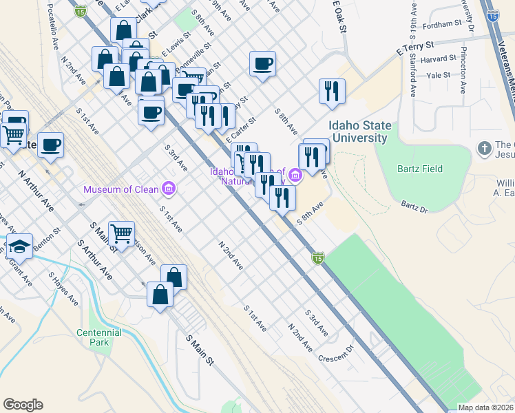 map of restaurants, bars, coffee shops, grocery stores, and more near 525 East Putnam Street in Pocatello