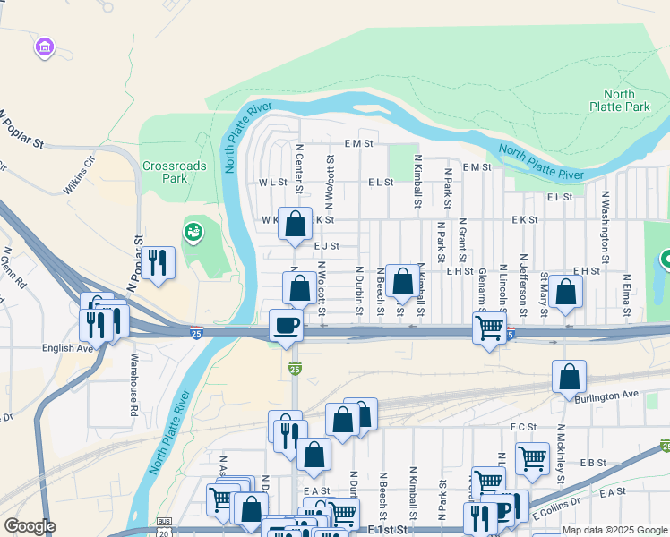 map of restaurants, bars, coffee shops, grocery stores, and more near 234 East H Street in Casper
