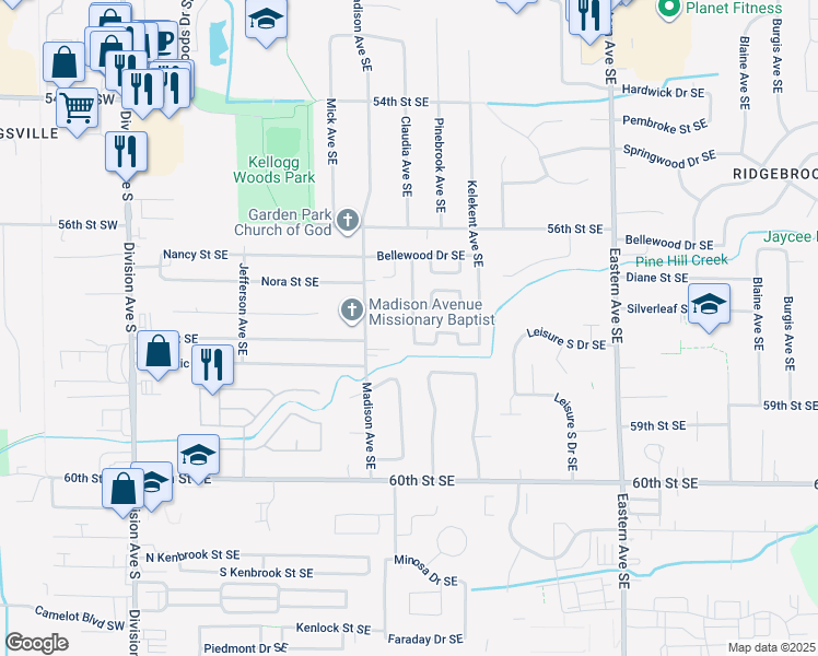 map of restaurants, bars, coffee shops, grocery stores, and more near 5765 Pinebrook Avenue Southeast in Kentwood