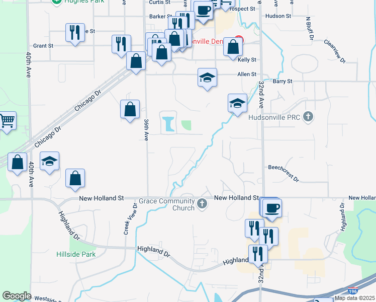map of restaurants, bars, coffee shops, grocery stores, and more near 3458 Hidden Cove Lane in Hudsonville