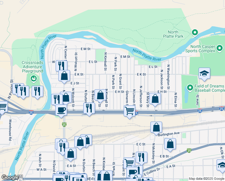 map of restaurants, bars, coffee shops, grocery stores, and more near 900 North Park Street in Casper