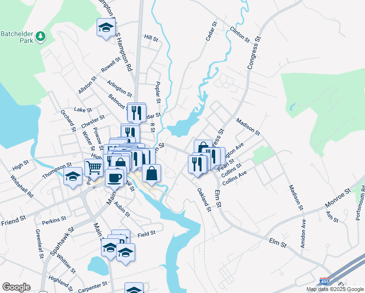 map of restaurants, bars, coffee shops, grocery stores, and more near 101 Elm Street in Amesbury
