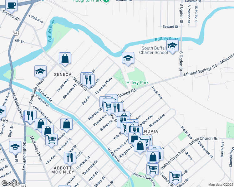 map of restaurants, bars, coffee shops, grocery stores, and more near 55 Seminole Parkway in Buffalo