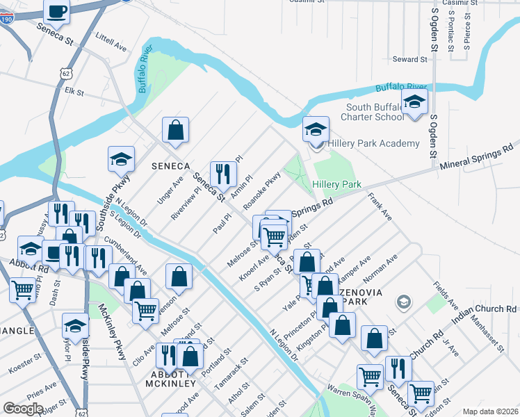 map of restaurants, bars, coffee shops, grocery stores, and more near 31 Roanoke Parkway in Buffalo