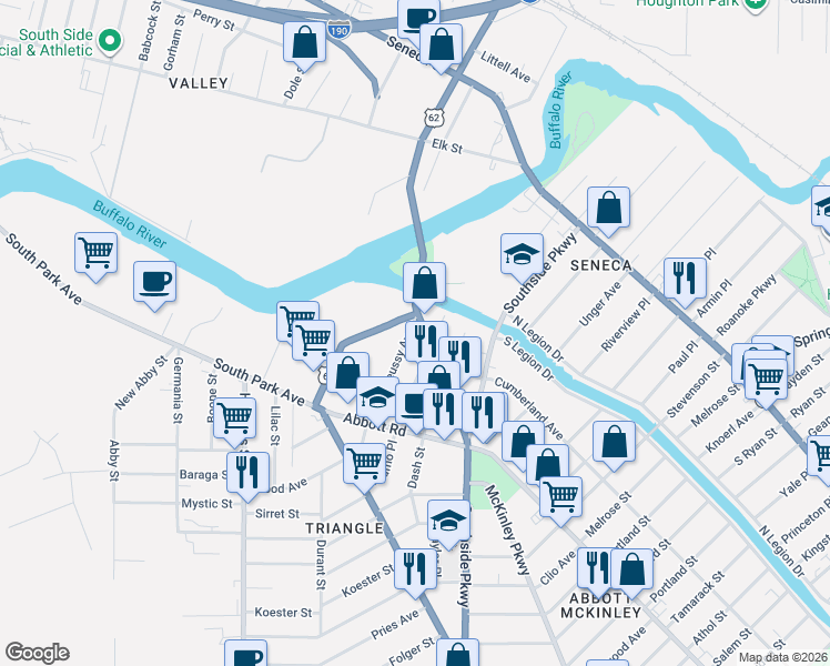 map of restaurants, bars, coffee shops, grocery stores, and more near 1039 McKinley Parkway in Buffalo