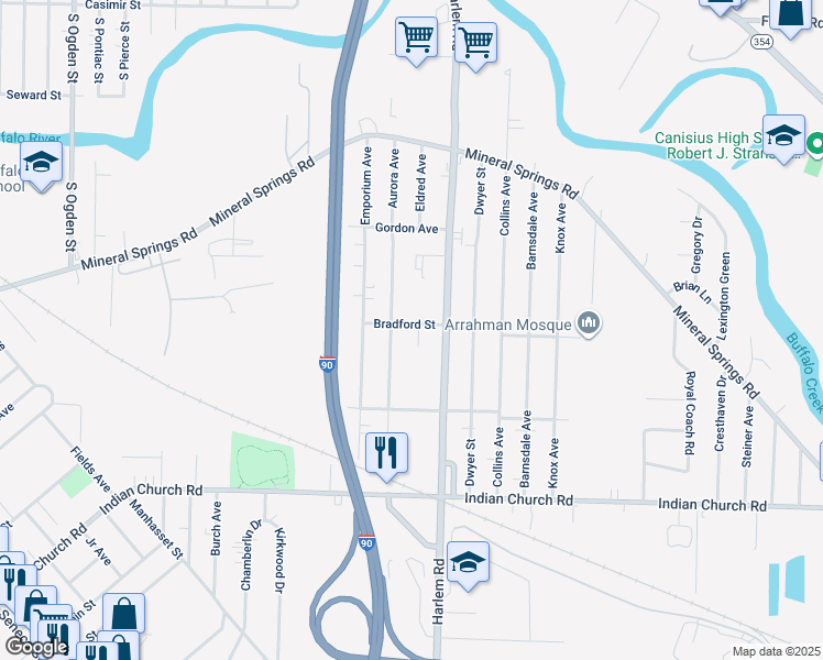 map of restaurants, bars, coffee shops, grocery stores, and more near 28 Bradford Court in West Seneca