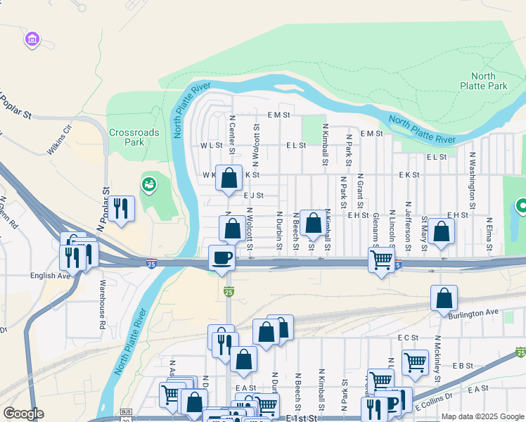 map of restaurants, bars, coffee shops, grocery stores, and more near 234 East H Street in Casper