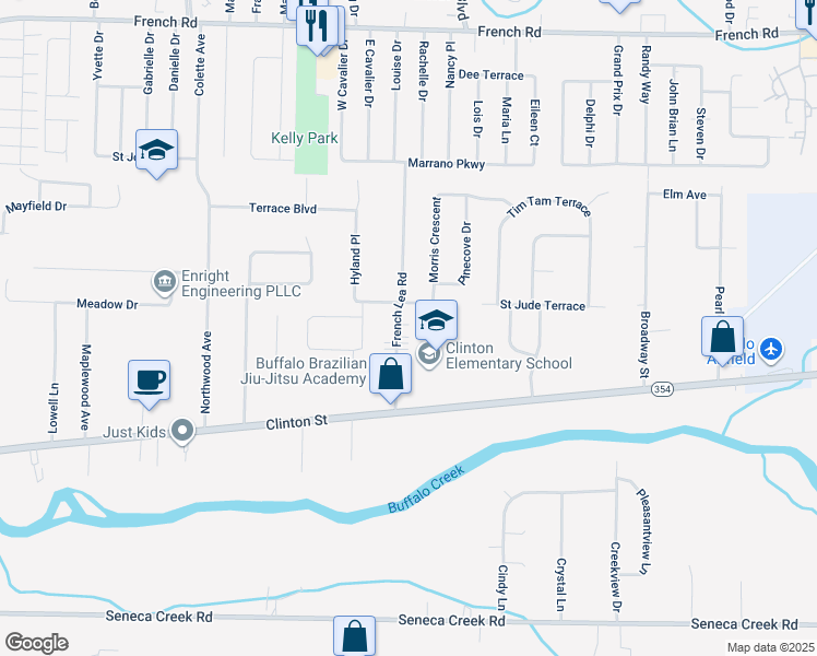 map of restaurants, bars, coffee shops, grocery stores, and more near 99 French Lea Road in Buffalo