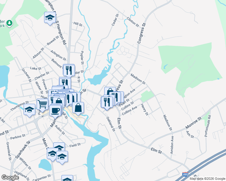 map of restaurants, bars, coffee shops, grocery stores, and more near 17 Green Street in Amesbury