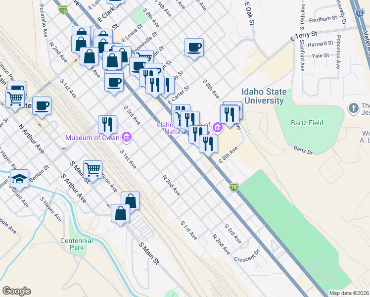 map of restaurants, bars, coffee shops, grocery stores, and more near 930 South 4th Avenue in Pocatello