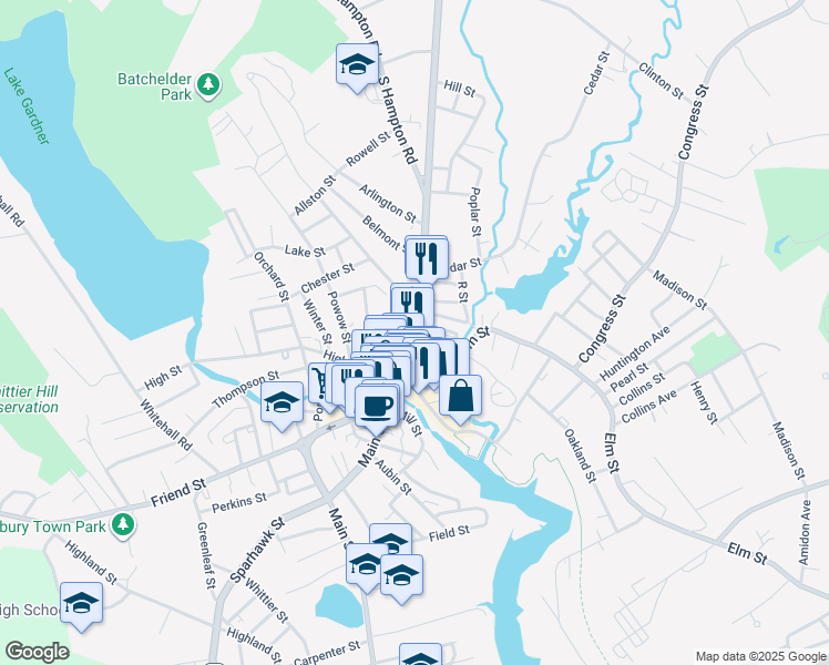 map of restaurants, bars, coffee shops, grocery stores, and more near 50 Market Street in Amesbury