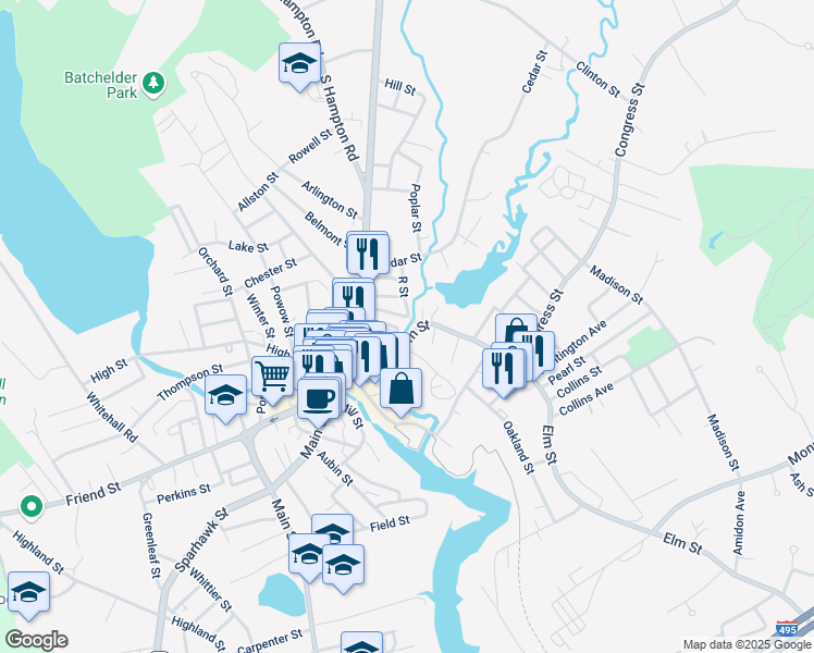 map of restaurants, bars, coffee shops, grocery stores, and more near 79 Elm Street in Amesbury