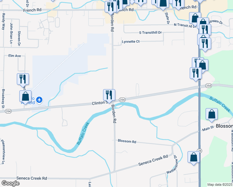 map of restaurants, bars, coffee shops, grocery stores, and more near 221 Borden Road in Buffalo