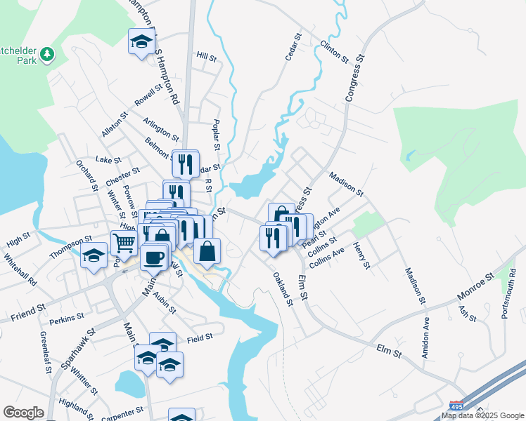 map of restaurants, bars, coffee shops, grocery stores, and more near 12 Spring Street in Amesbury